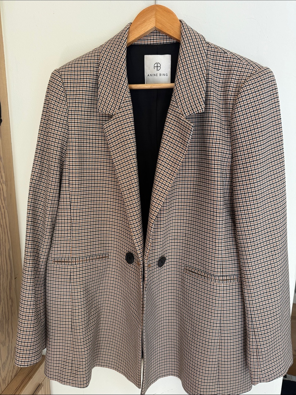 Anine Bing Beige and Black Checked Tailored Blazer